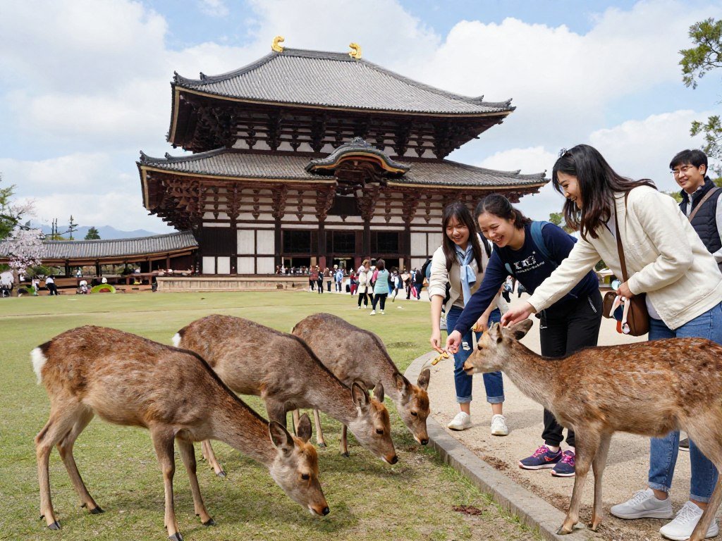 Deer bowing for crackers in Nara Park with Todaiji Temple in background