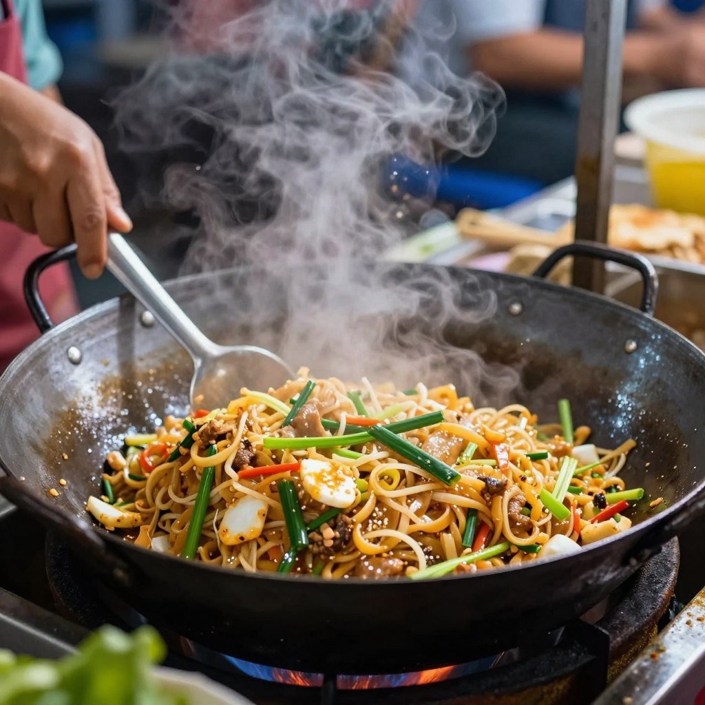 Delicious Thai street food pad thai being cooked at night market