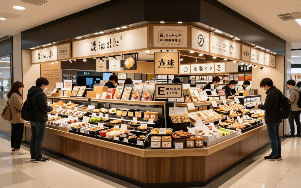 Department store food hall with various food vendors and displays