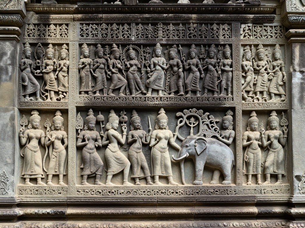 Detailed bas-relief carvings on Angkor Wat gallery walls depicting ancient Khmer battle scenes