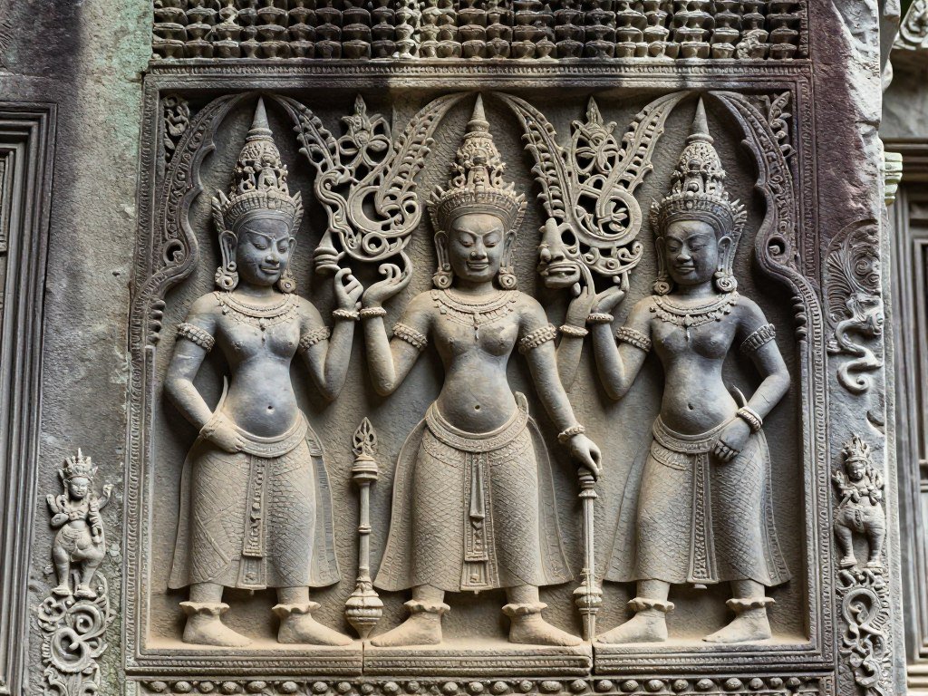 Detailed bas-relief carvings on Angkor Wat temple walls Detailed bas-relief carvings on Angkor Wat temple walls