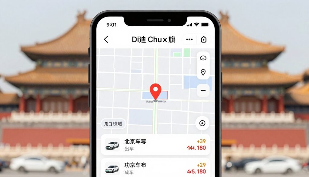 Didi app interface showing ride request screen in Beijing with pricing options