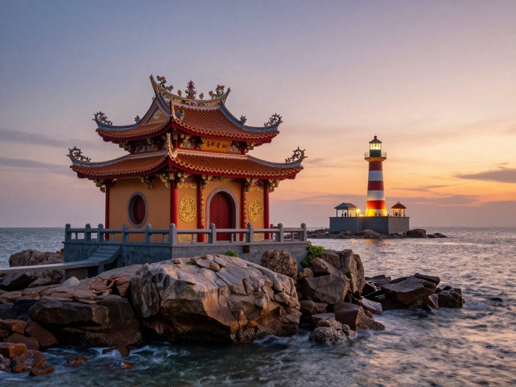 Dinh Cau Temple on rocks with lighthouse at sunset