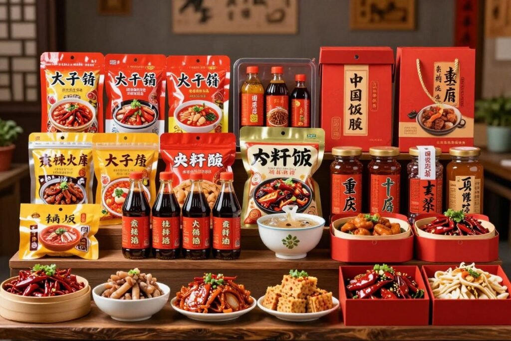 Display of Chongqing specialty food products and souvenirs