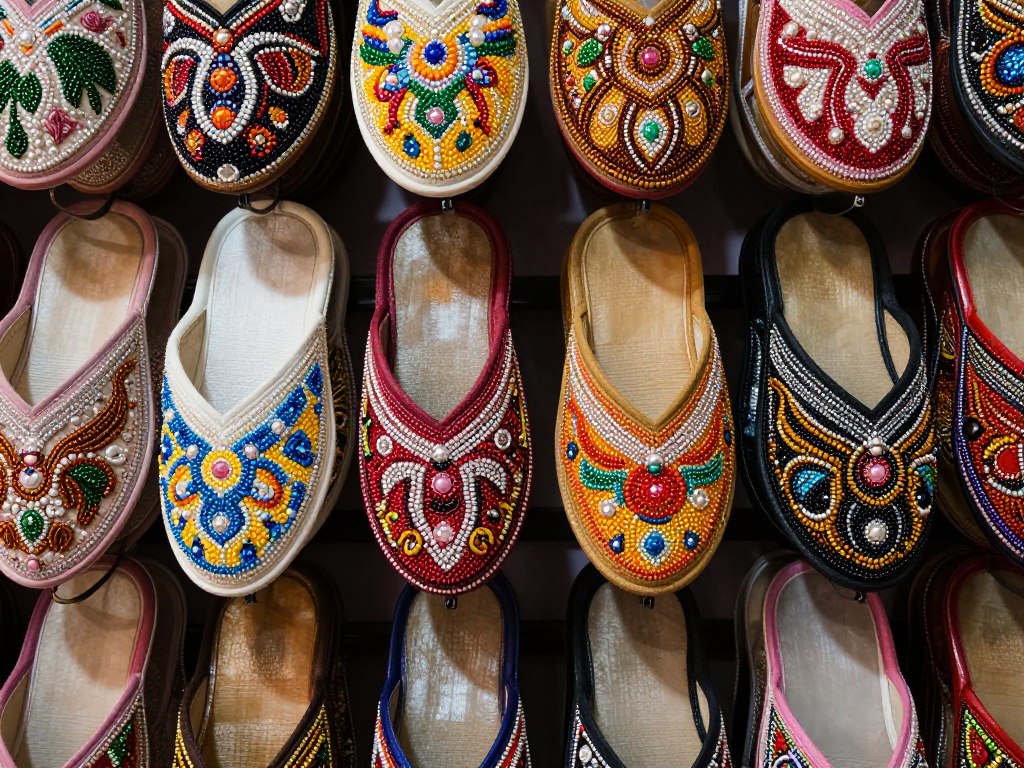 Display of colorful Nyonya beaded slippers in shop