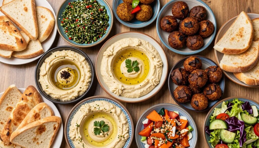 Diverse Middle Eastern mezze spread with traditional dishes Diverse Middle Eastern mezze spread with traditional dishes