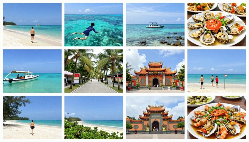 Diverse Phu Quoc activities collage showing beaches and attractions