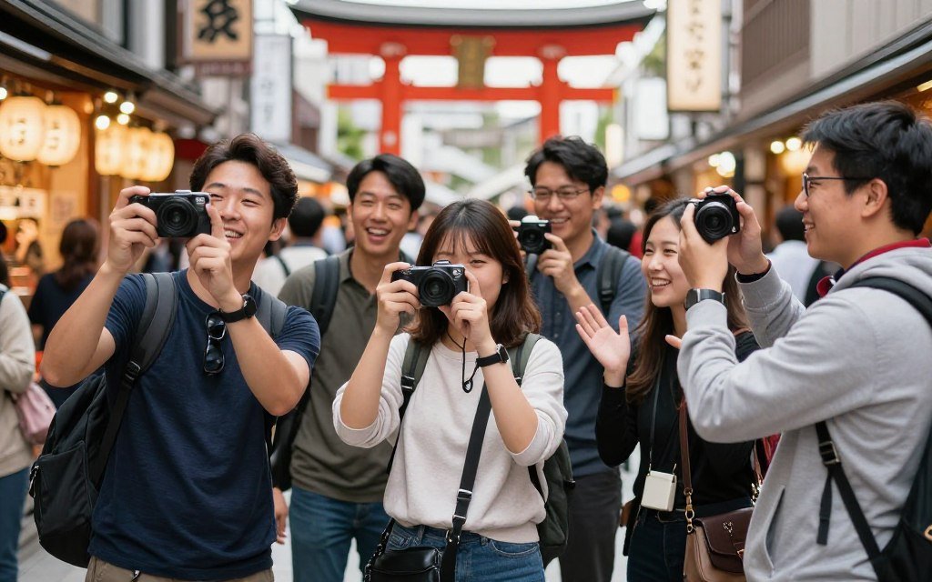 Diverse group of tourists enjoying Tokyo sightseeing