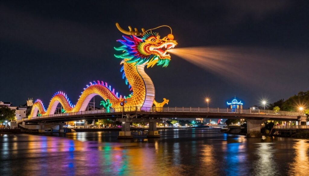 Dragon Bridge Danang at night with colorful LED lights and fire display