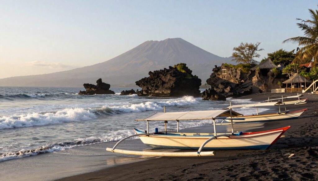 Dramatic coastline in East Bali with traditional fishing boats