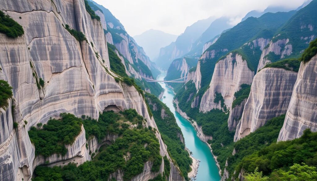 Dramatic marble cliffs of Taroko Gorge with turquoise river flowing below