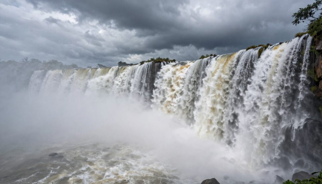 Dramatic waterfall at full flow during wet season