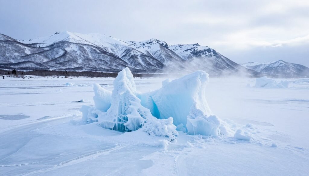 Drift ice on Shiretoko coast in winter with mountains