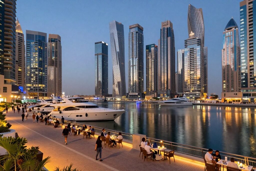 Dubai Marina waterfront promenade at evening with illuminated towers Dubai Marina waterfront promenade at evening with illuminated towers