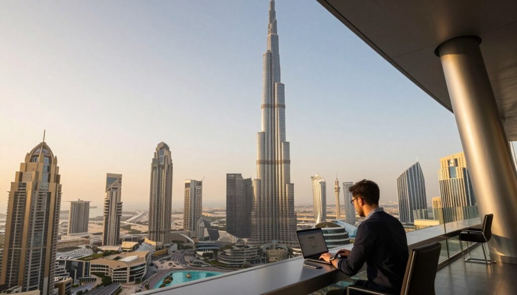 Dubai skyline with modern architecture and desert landscape