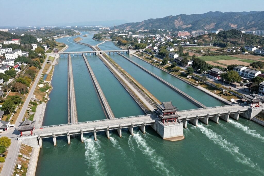 Dujiangyan ancient irrigation system with water channels and mountains
