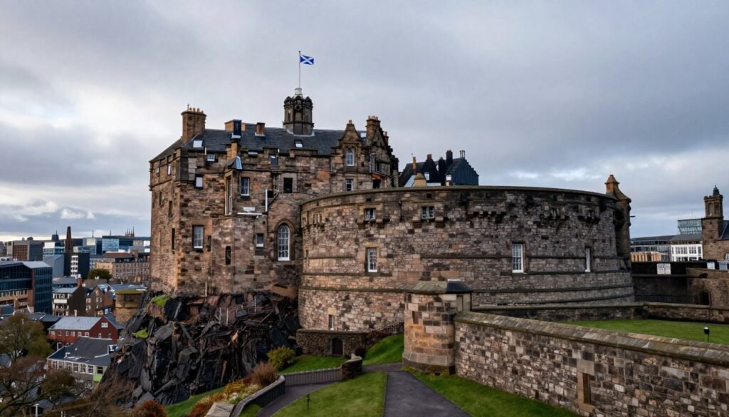 Edinburgh Castle on volcanic rock overlooking Scottish city