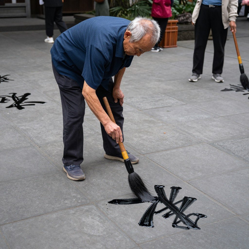 Elderly person practicing water calligraphy in park