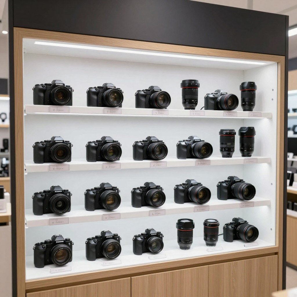 Electronics store display with cameras and gadgets