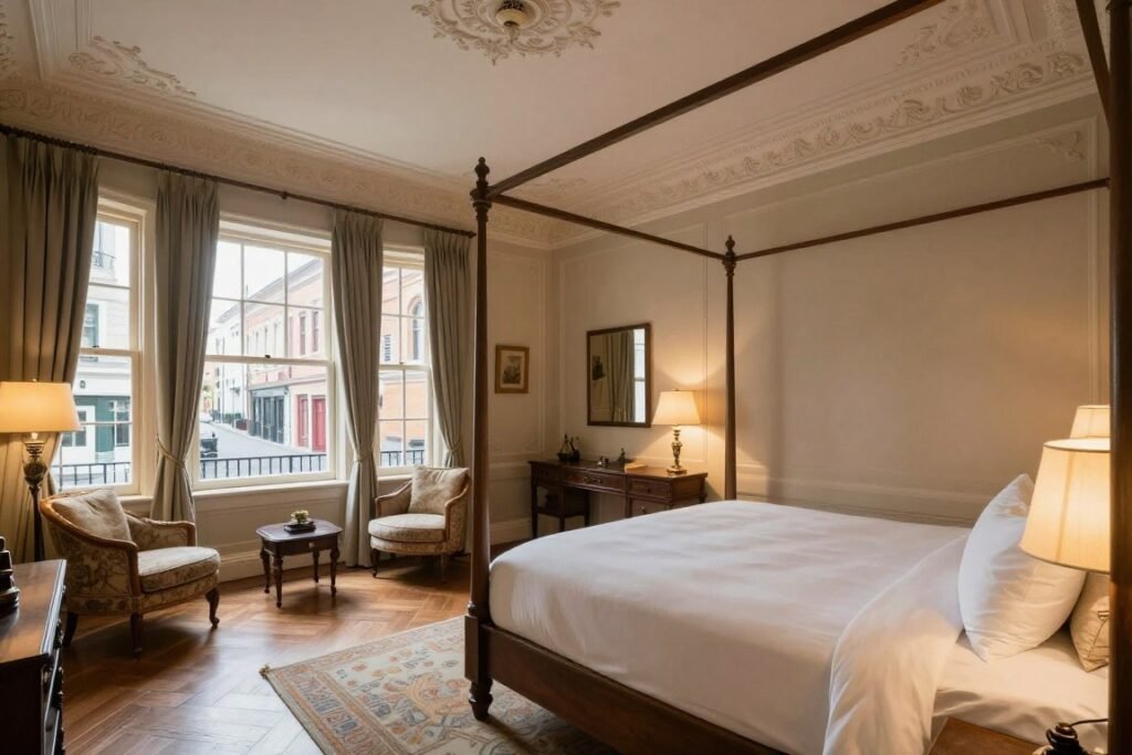 Elegant hotel room interior with colonial furniture