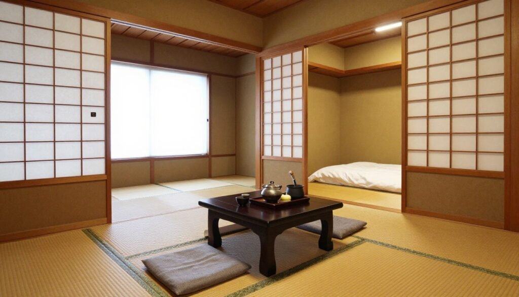 Elegant traditional Japanese ryokan inn room with tatami mats and sliding paper doors Elegant traditional Japanese ryokan inn room with tatami mats and sliding paper doors