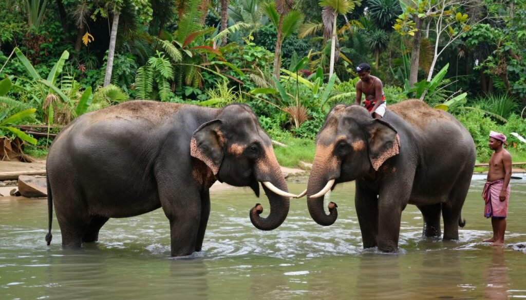 Elephant sanctuary in Chiang Mai with elephants bathing in river