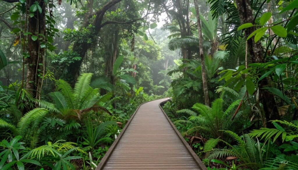 Elevated wooden walkway through lush jungle canopy in Bang Krachao green space