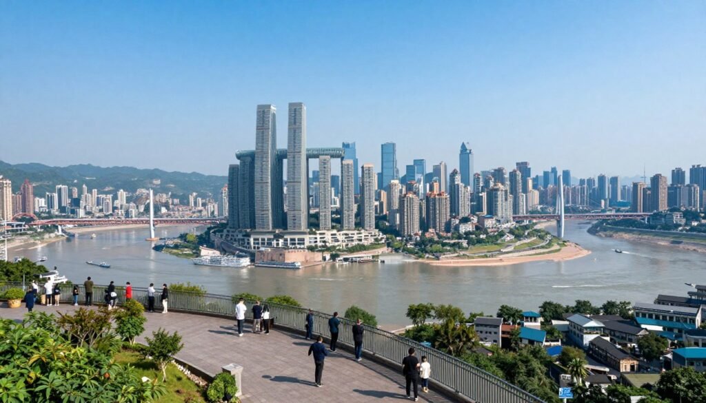 Eling Park viewing platform panoramic view of Chongqing city and rivers