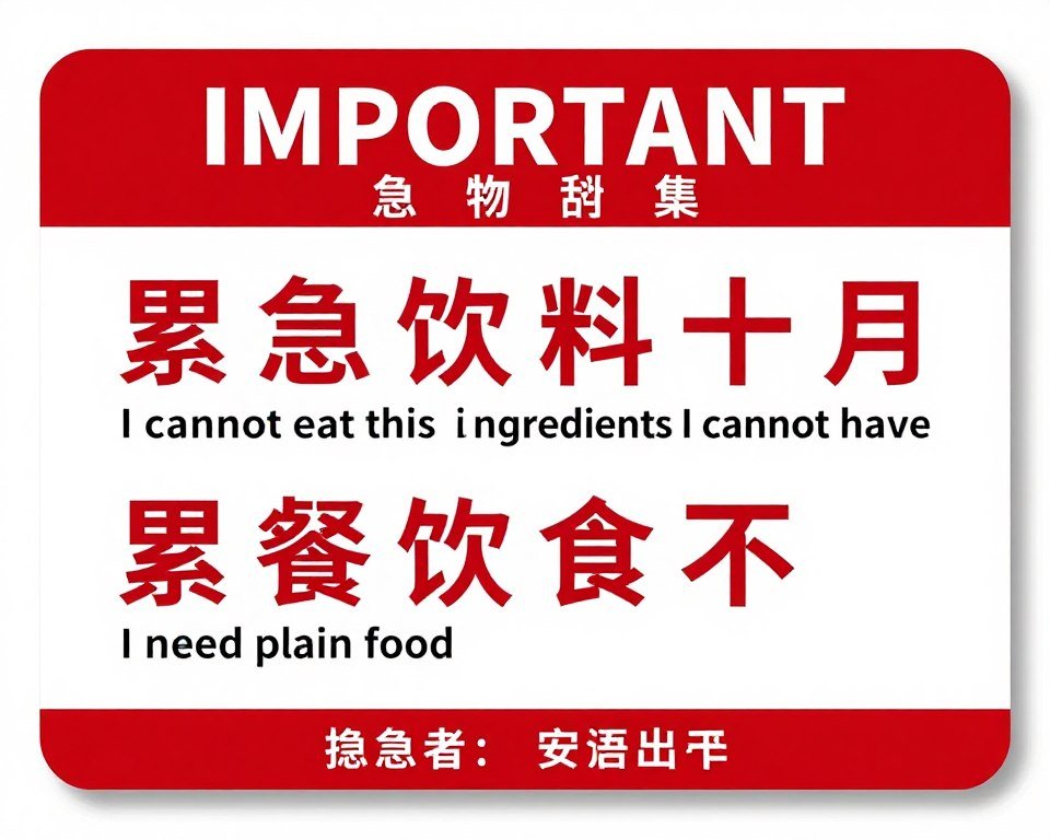 Emergency dietary phrase card in Chinese showing how to communicate food allergy or dietary problem in Taiwan