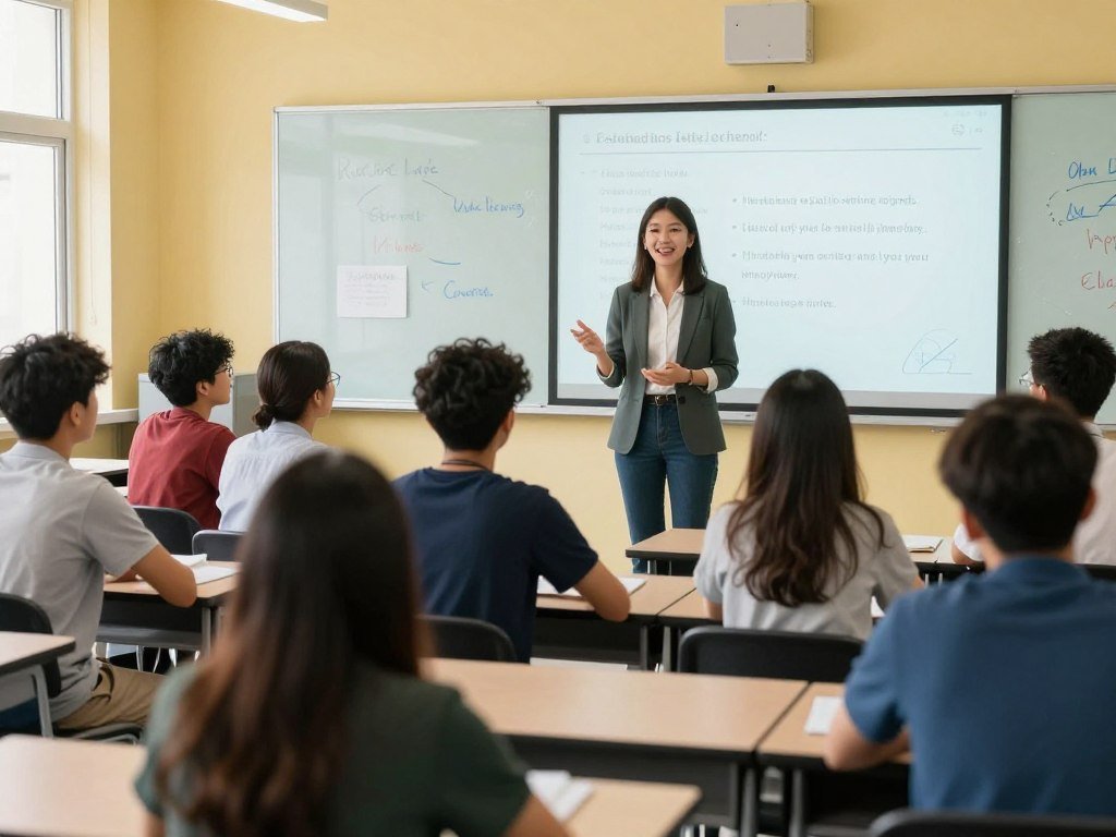 English teacher with international students in classroom
