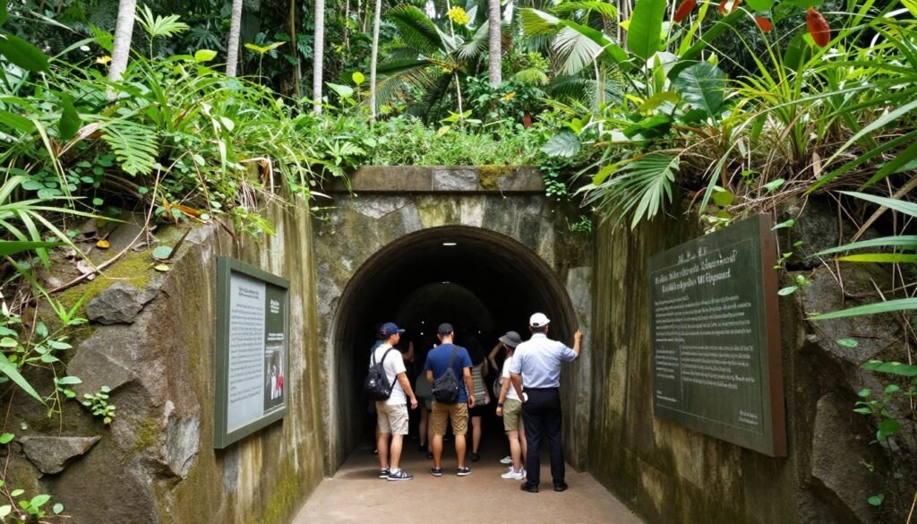 Entrance to Cu Chi Tunnels with tourists exploring Entrance to Cu Chi Tunnels with tourists exploring