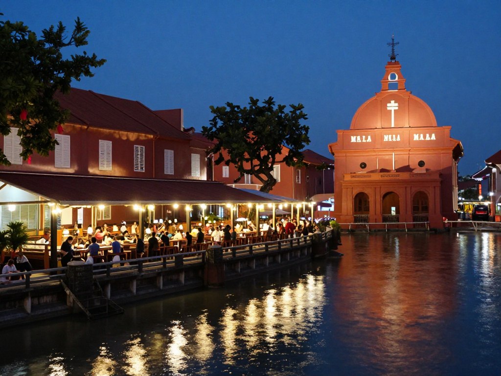 Evening view of illuminated Malacca riverside with restaurants