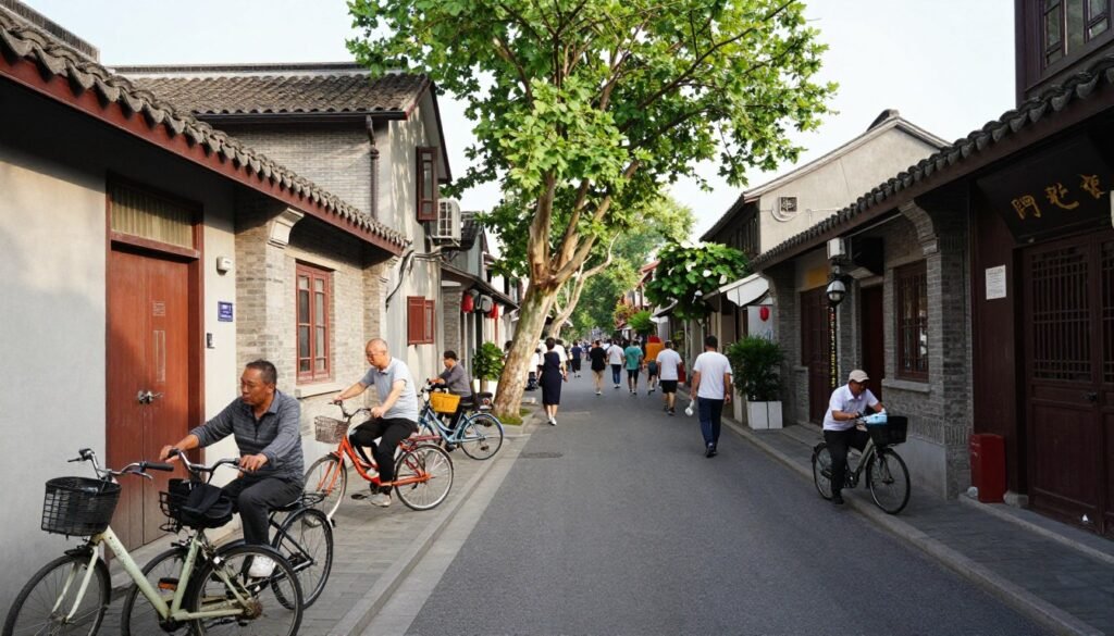 Everyday life scene in Shanghai neighborhood with local residents