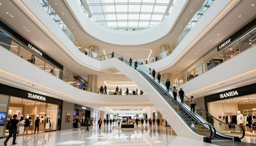 Expansive luxury shopping mall interior with multiple levels Expansive luxury shopping mall interior with multiple levels