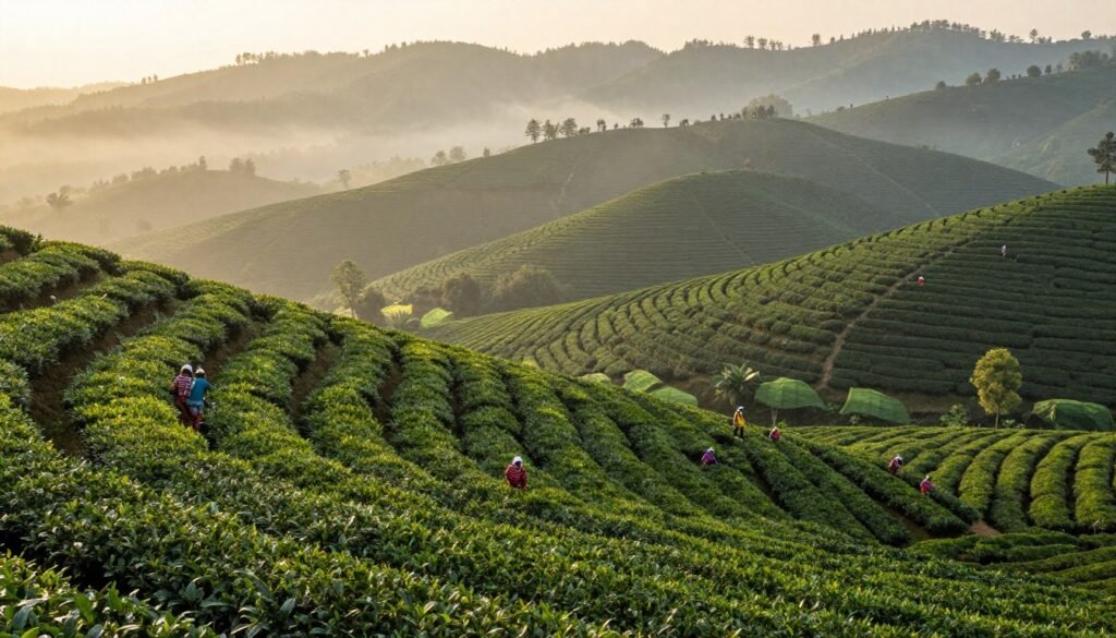 Expansive tea plantation terraces on rolling hills with workers