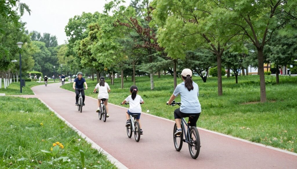 Families cycling in Olympic Forest Park Beijing Families cycling in Olympic Forest Park Beijing
