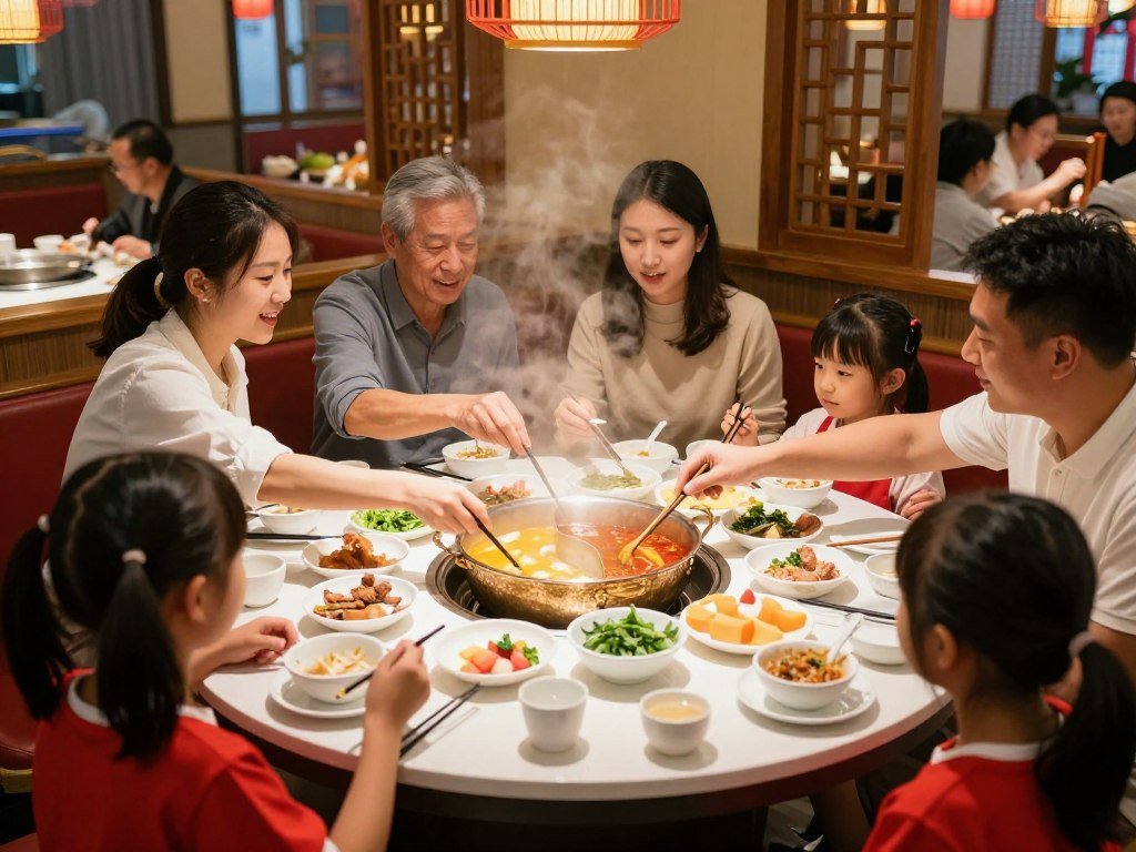 Family dining at hot pot restaurant with children Family dining at hot pot restaurant with children