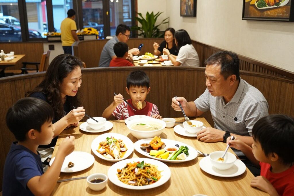 Family dining together at restaurant in Malacca