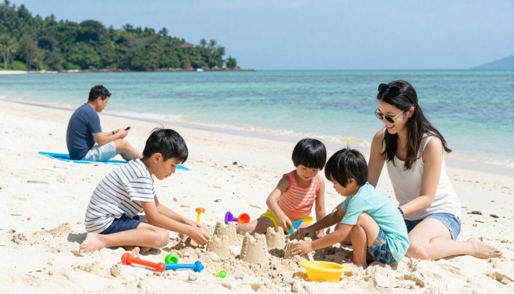 Family enjoying beach activities in Langkawi