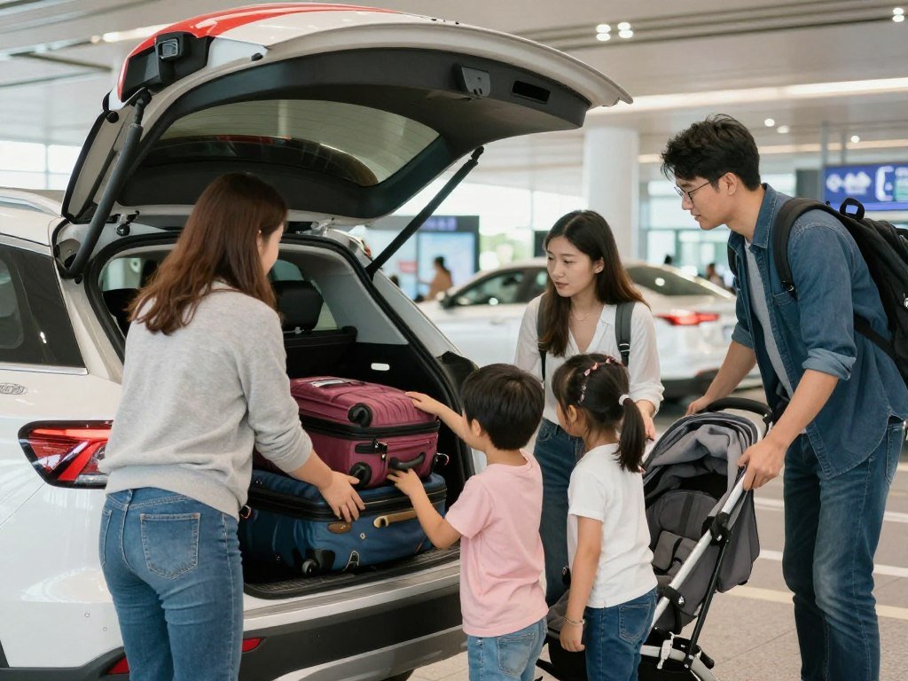 Family loading luggage into airport taxi