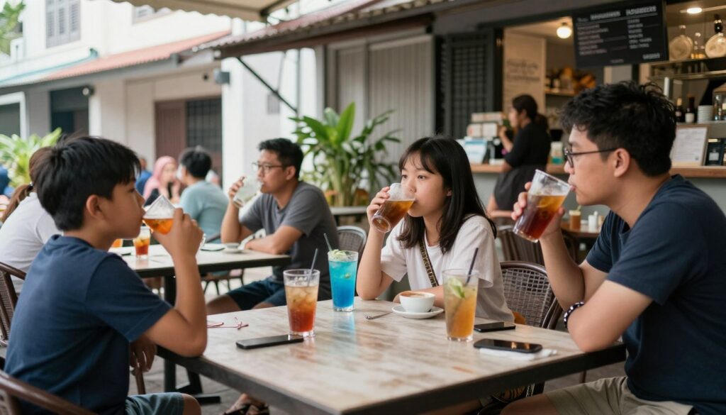 Family resting at shaded heritage cafe in Malacca with children
