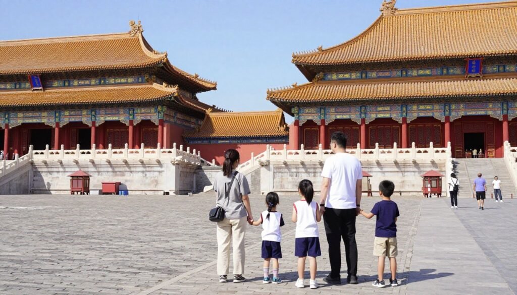 Family touring Forbidden City with young children Family touring Forbidden City with young children