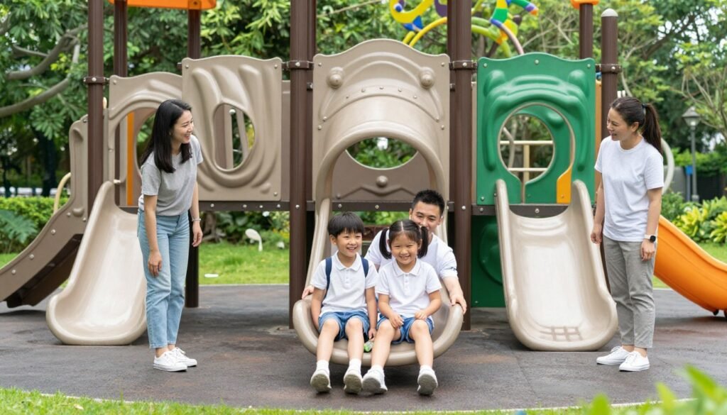 Family with children enjoying activities at Taipei park Family with children enjoying activities at Taipei park