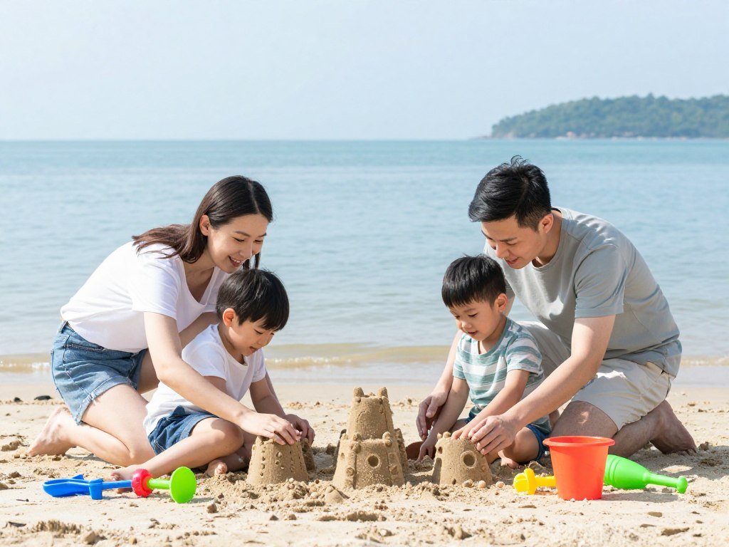Family with children enjoying beach activities in Penang