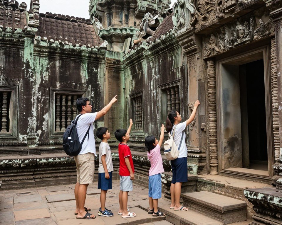 Family with children exploring Angkor Wat temple together Family with children exploring Angkor Wat temple together