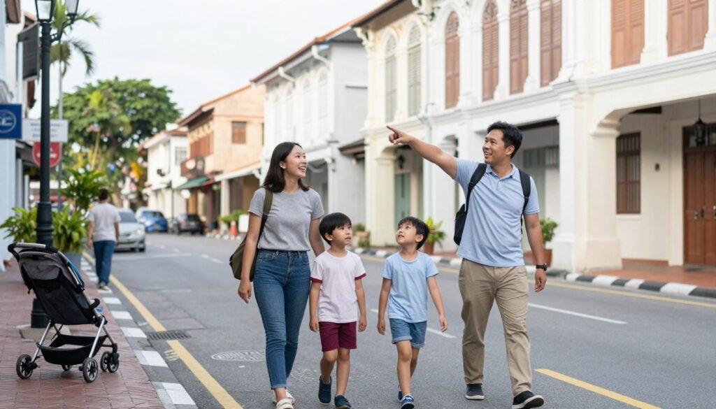 Family with children exploring Malacca old town together