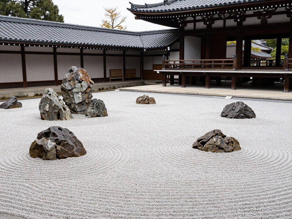 Famous Zen rock garden at Ryoan-ji Temple with raked gravel and strategically placed rocks Famous Zen rock garden at Ryoan-ji Temple with raked gravel and strategically placed rocks