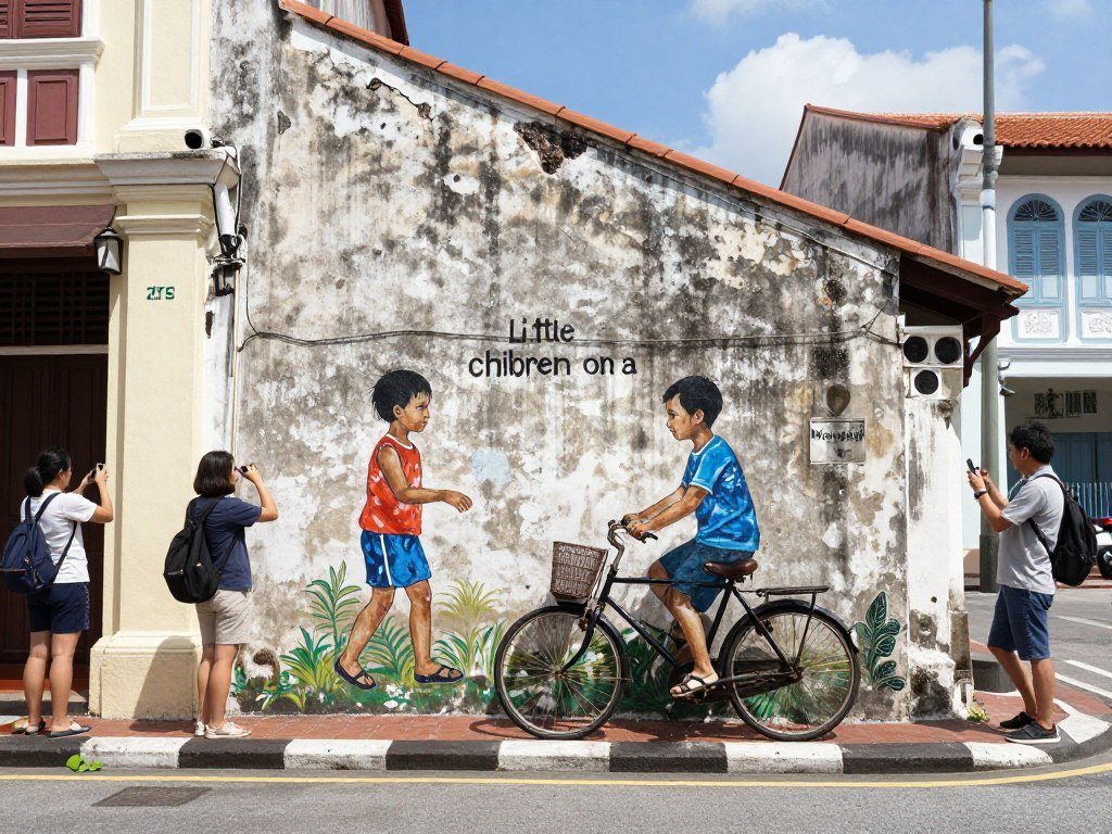 Famous street art mural of children on bicycle in George Town