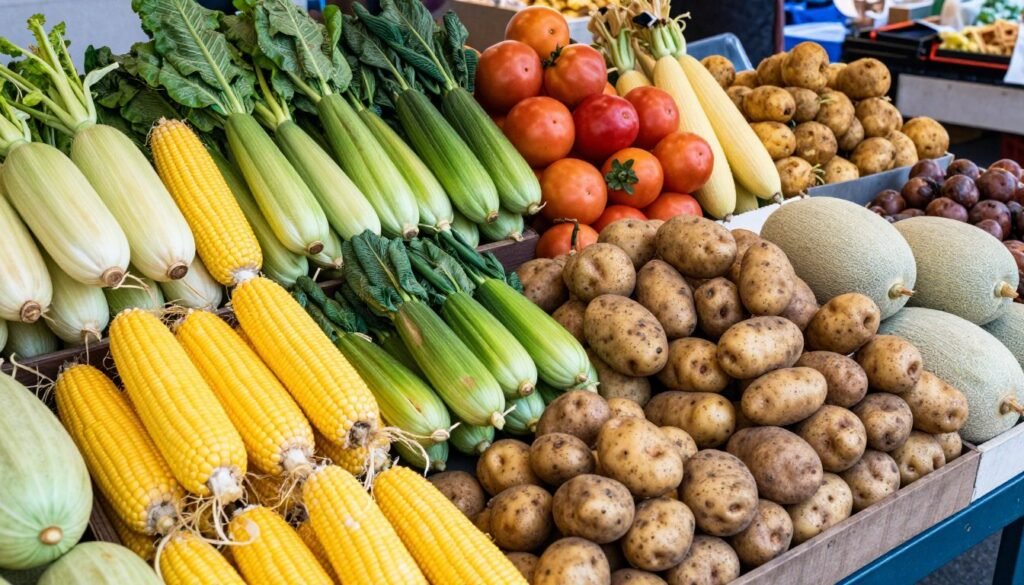 Farmers market stall with fresh Hokkaido vegetables