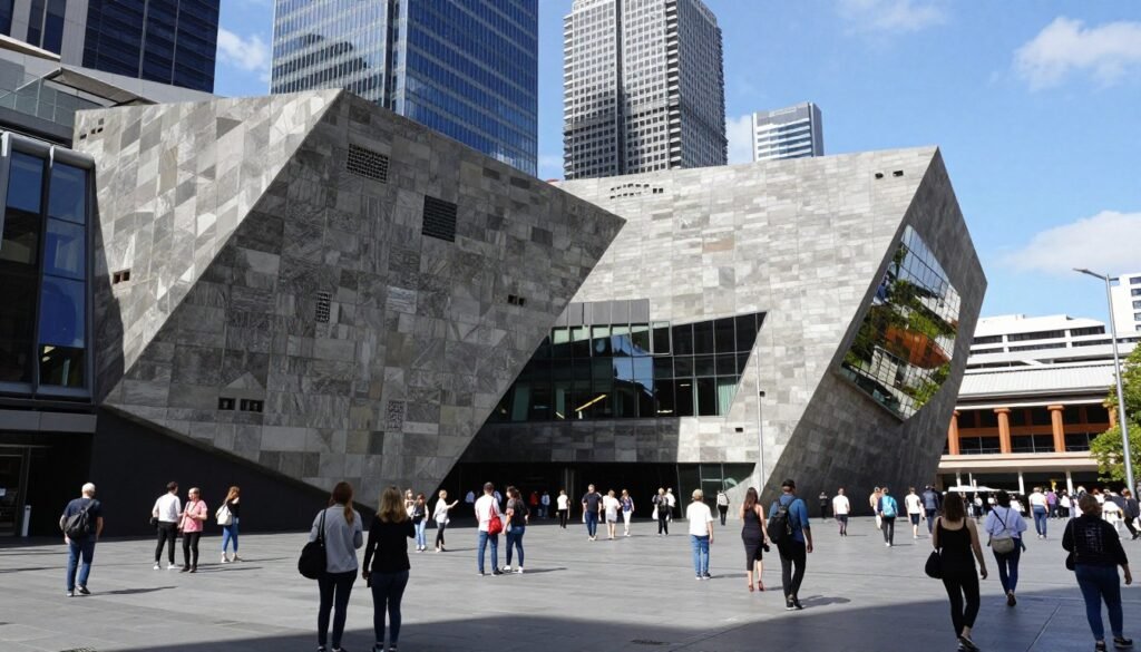 Federation Square with iconic architecture and crowds